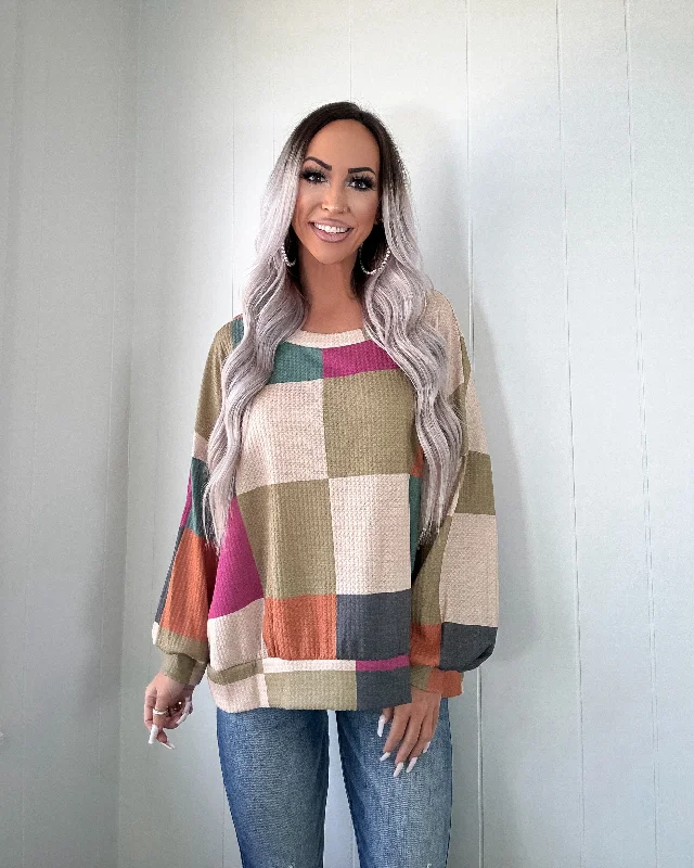 Don't Wait Simply Sweet Checkered Sweatshirt - Olive/Teal