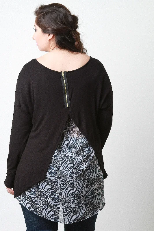 Warehouse Sale Animal Chiffon Split Back High-Low Top