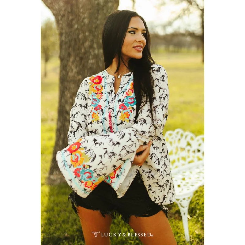 Online Only Horse Floral Printed Detail Bell Sleeve Blouse