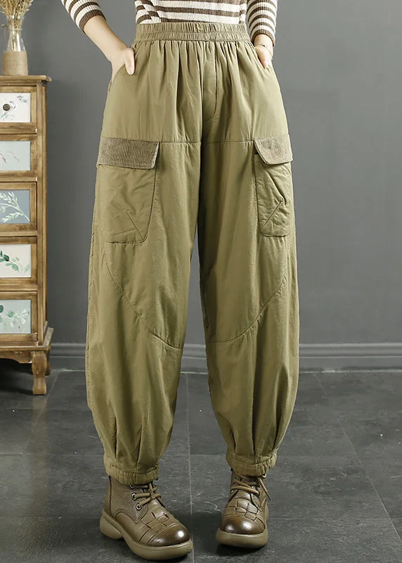 Exclusive Savings Women Khaki Pockets Elastic Waist Fine Cotton Filled Pants Winter