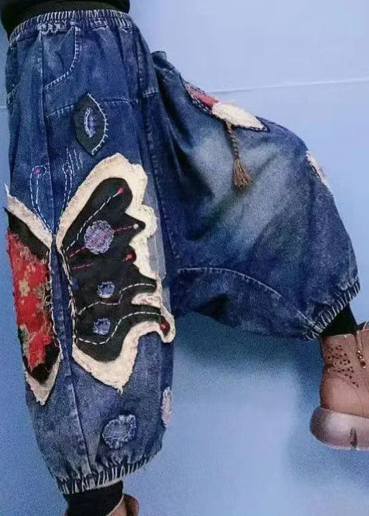 Weekend Deals That Spark Stylish Blue Pockets Elastic Waist Patchwork Denim Crop Pants Spring
