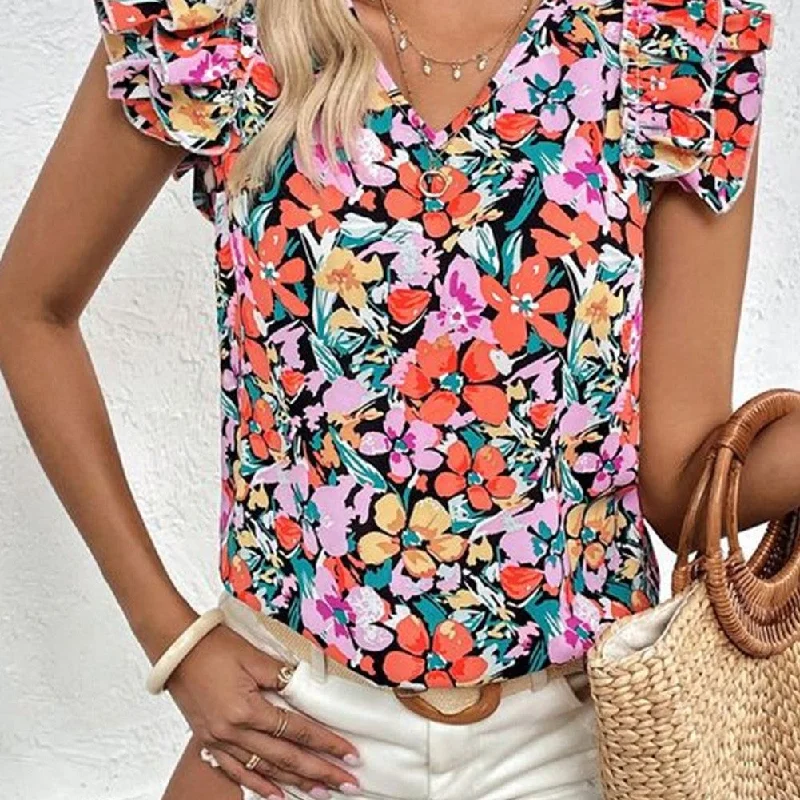 Huge Savings Tiered Ruffled Sleeve Floral Blouse