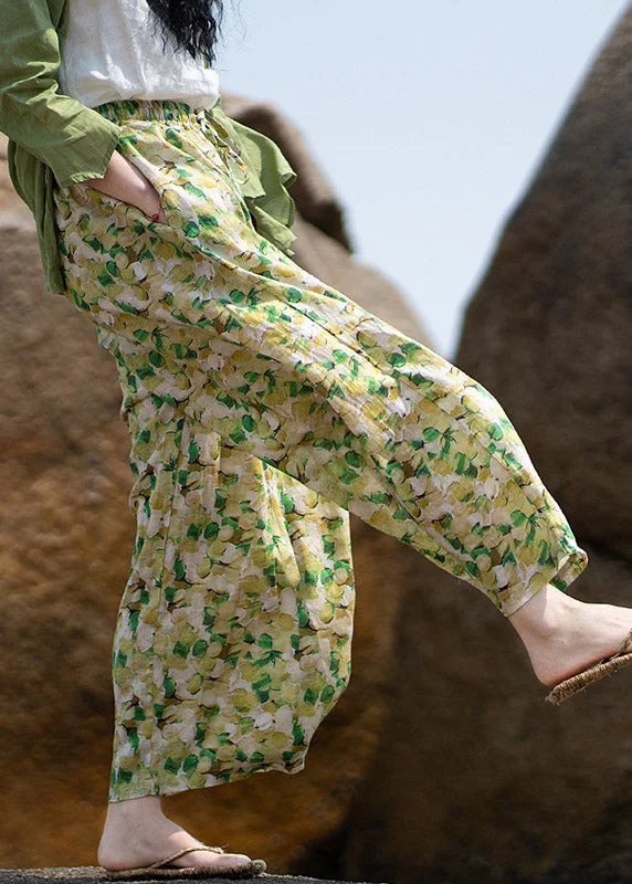 Deal Alert Plus Size Green Print Tie Waist Linen Wide Leg Pants Summer