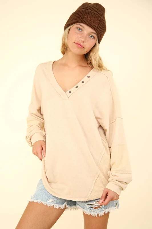 Quick Sale VERY J Washed V-Neck Exposed Seam Knit Top