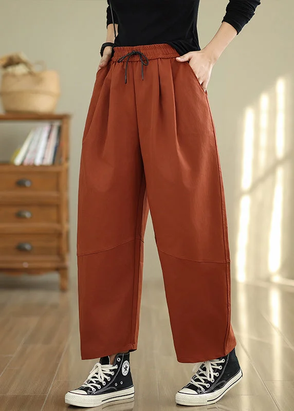 Amazing Value Orange Pockets Loose Cotton Pants Elastic Waist Fall