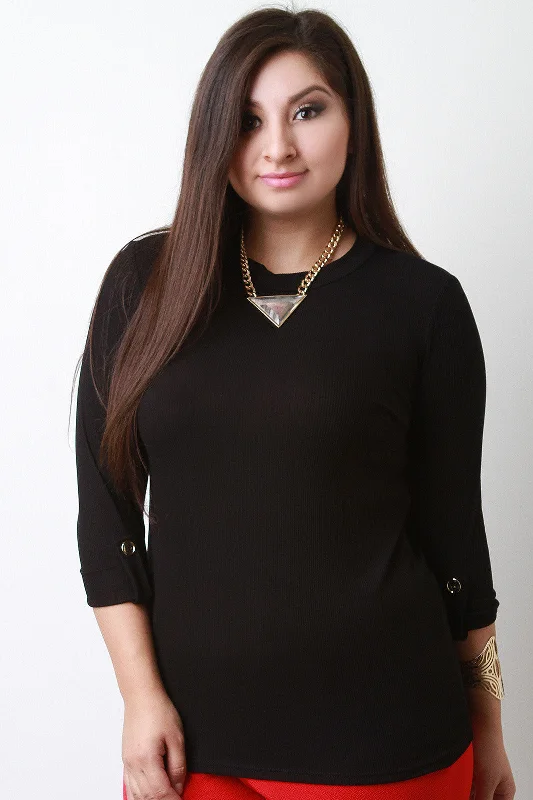 Steals and Deals Button Tab Quarter Sleeve Ribbed Mock Neck Top