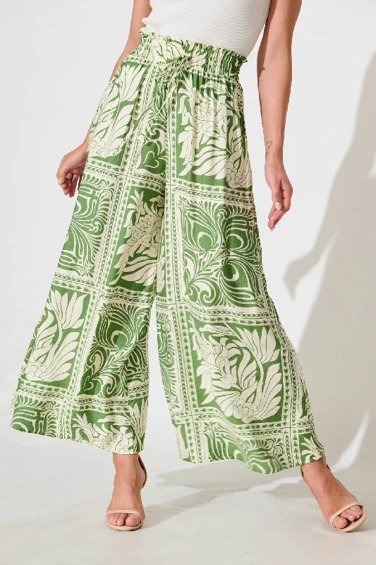 Weekend Offers That Delight Goldie Wide Leg Pant in Green and White Tile Print