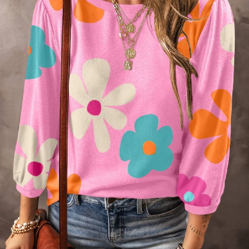 TIME-Limited Offer Retro Floral 3/4 Sleeve Top: Rose