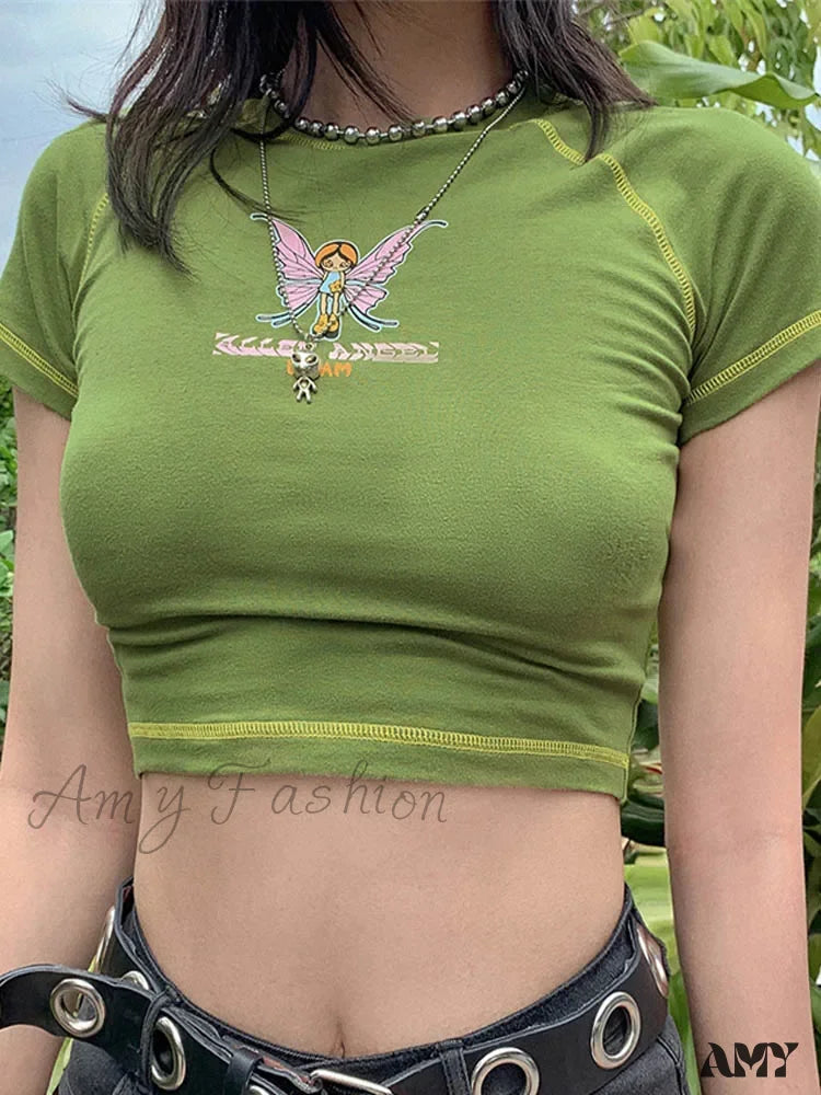 Holiday Sale AMY - Butterfly Graphic Green Short Sleeve Vintage Tee Crop Top