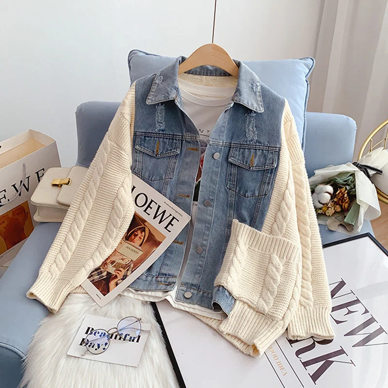 Weekend Bargains to Celebrate Denim stitched sweater coat, women's design, versatile  5241