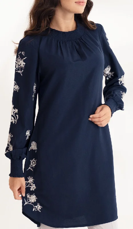 Weekend Savings Spectacular Golnar Embroidered Long Modest Tunic - Navy