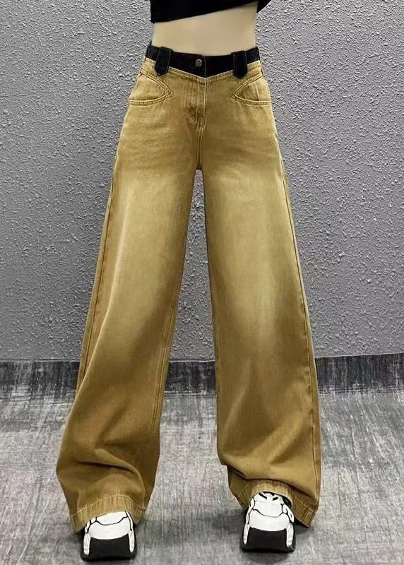 While Supplies Last Chic Khaki Pockets Patchwork Denim Wide Leg Pants Fall
