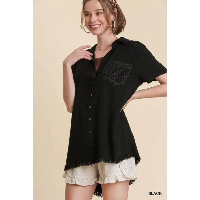 Low Prices Linen Blend Button Down Chest Crochet Pocket Detail Top with Back Slit & Fringe Hem