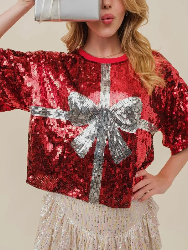 Flash Deal Sequin Bow Graphic Round Neck Half Sleeve T-Shirt