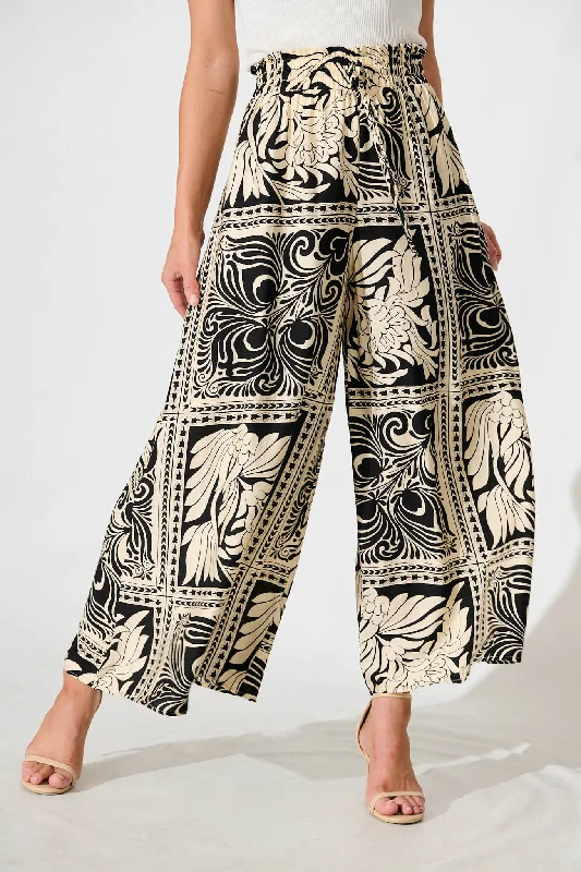 Weekend Offers That Please Goldie Wide Leg Pant in Black with Cream Tile Print