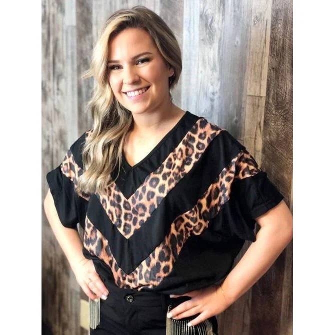 Early Access Vidalia V-Neck Contrasting Tee, Leopard & Black