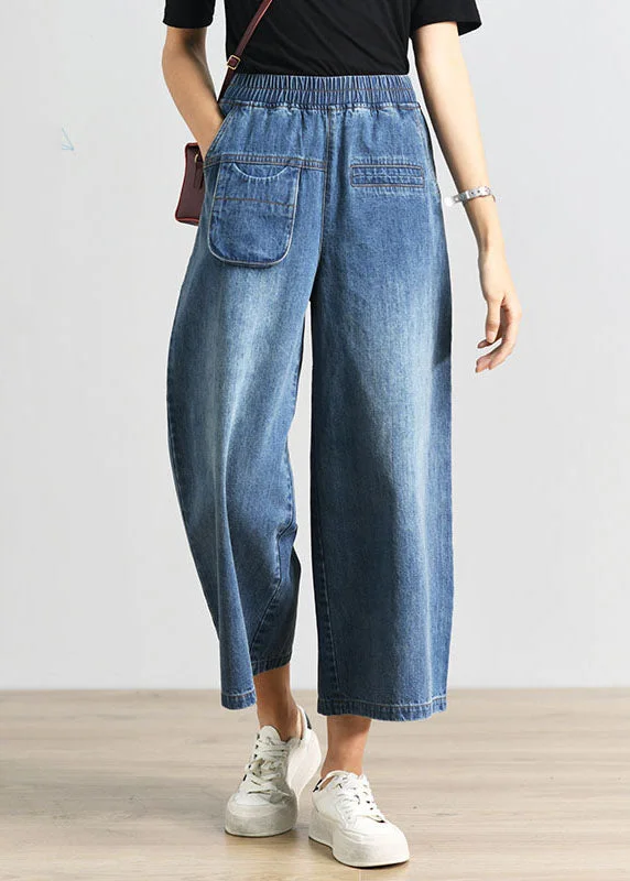 Closeout Plus Size Denim Blue Elastic Waist Pockets Cotton Wide Leg Crop Pants Summer