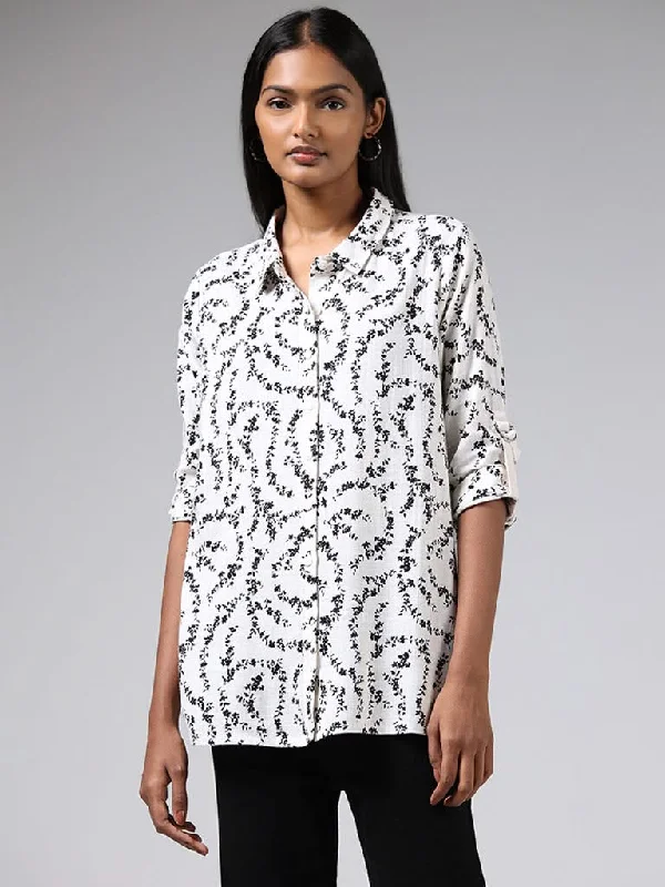 Weekend Deals to Make You Smile LOV Off White Floral Blended Linen Shirt