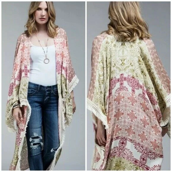 Time-Sensitive Rust Olive Boho Patchwork Mandala Tassel Trim Open Kimono Duster Wrap Womens