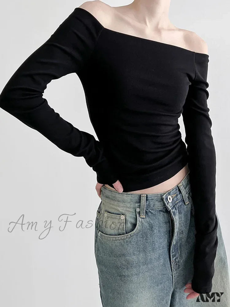 Sneak Peek Sale AMY - Elegant Slim Sexy Cropped Black Long Sleeve Korean Fall Crop Top