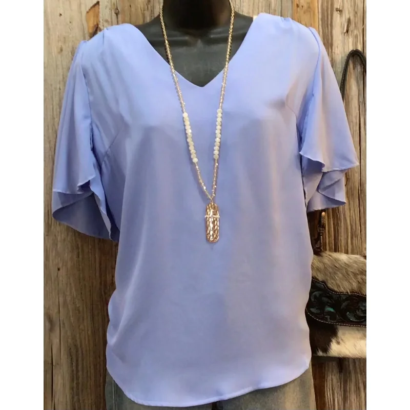 Don't Delay Woven Wool Peach Waterfall Sleeve V-Neck Round Hem Top, Spring Blue