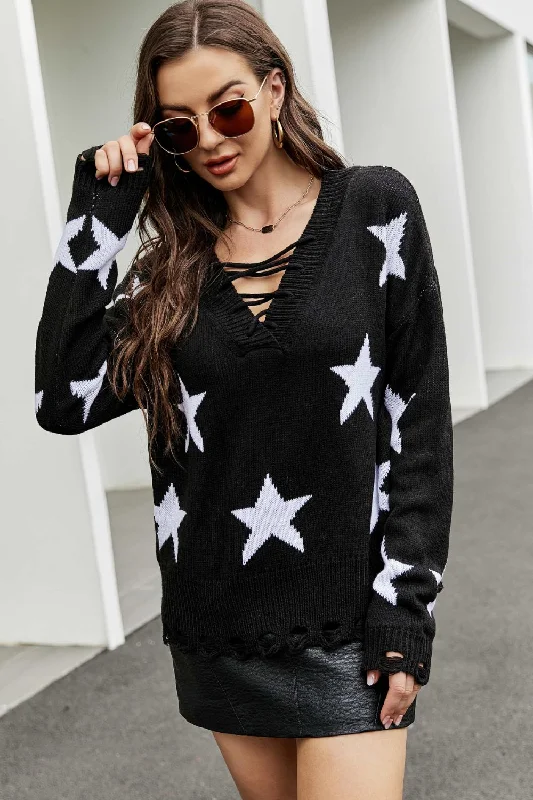 Weekend Savings Bonanza Star Pattern Lace-Up Drop Shoulder Sweater