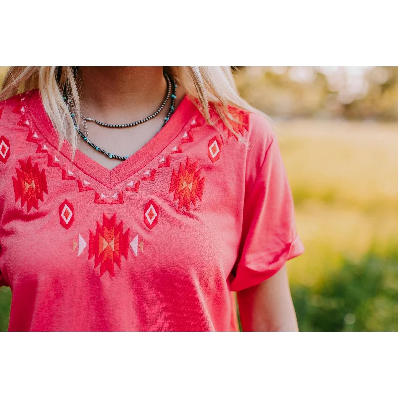 Weekend Bargains to Celebrate Battise Tonal Embroidered V-Neck Tee, Coral