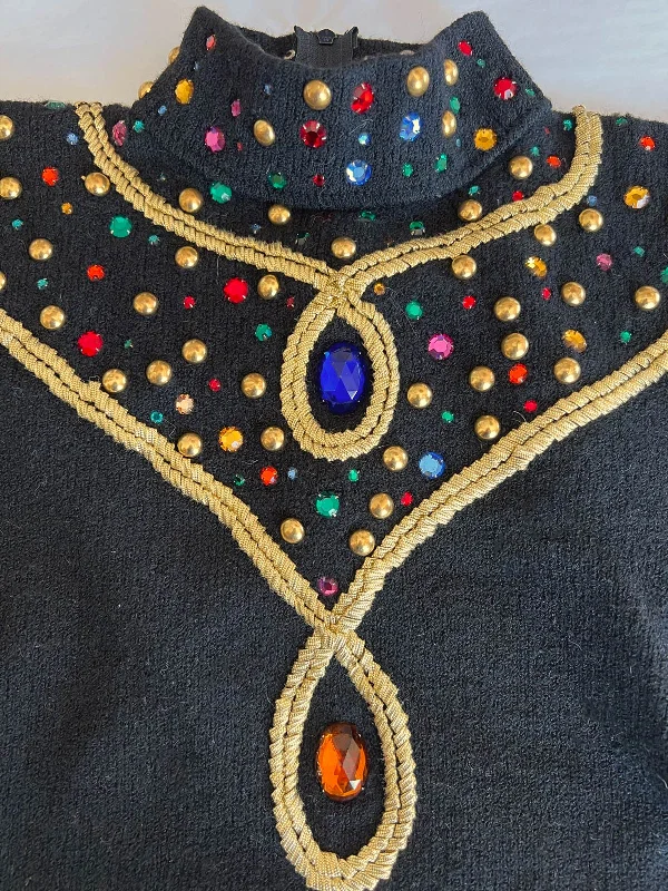 Great Deals 80s Vintage Gem Sweater Women's Pullover Long Sleeve Black Medium VFG