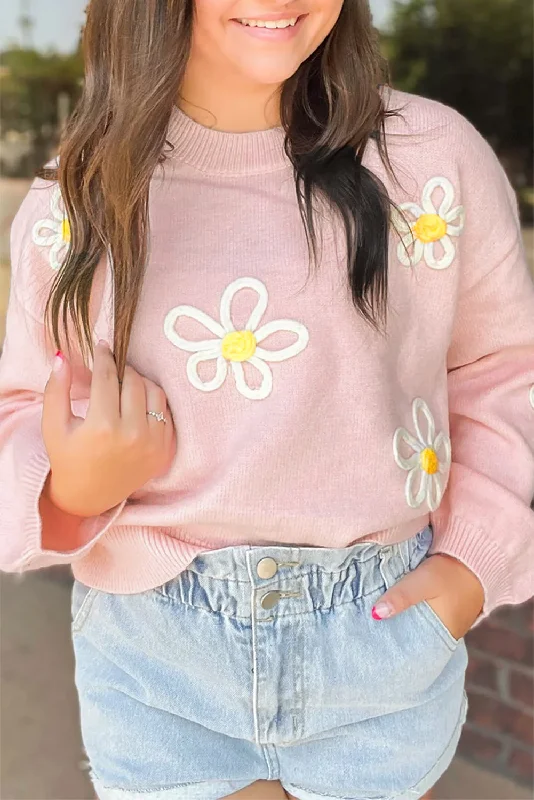 Stock Clearance Pink Floral Patch Contrast Ribbed Trim Knitted Sweater
