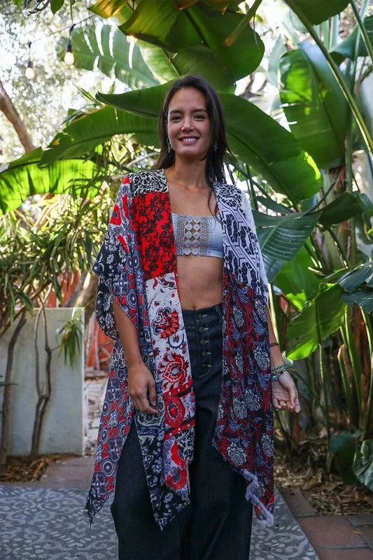 Special Savings Red Boho Patchwork Floral Bohemian Kimono Wrap Coverup Open Top Casual Spring