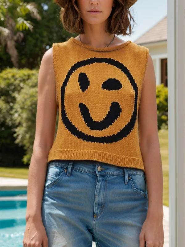 Stock Clearance Smiley Round Neck Sweater Vest