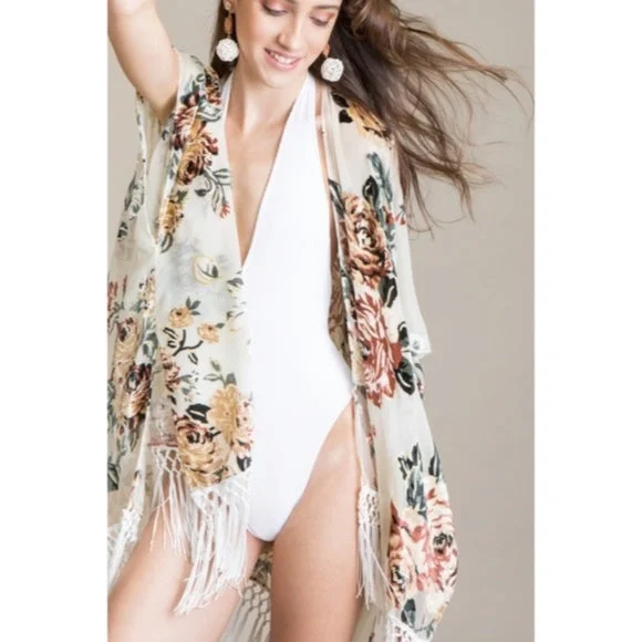 Buy Now Maya Island Velvet Floral Macrame Tassel Fringe Kimono Cream Coverup Wrap