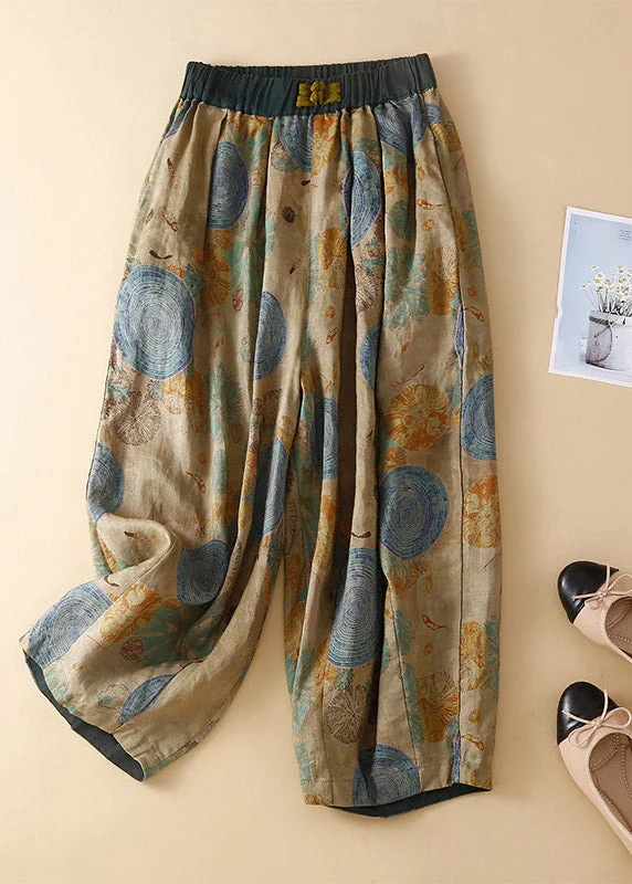 Online Only Loose Green Print Elastic Waist Harem Pants