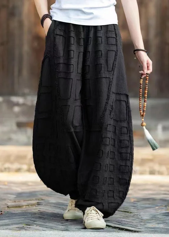 Closeout Black Pockets Patchwork Linen Lantern Pants Elastic Waist Fall