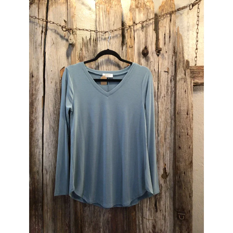 Time-Limited Offer Long Sleeve V-Neck Round Hem Top, Blue Grey