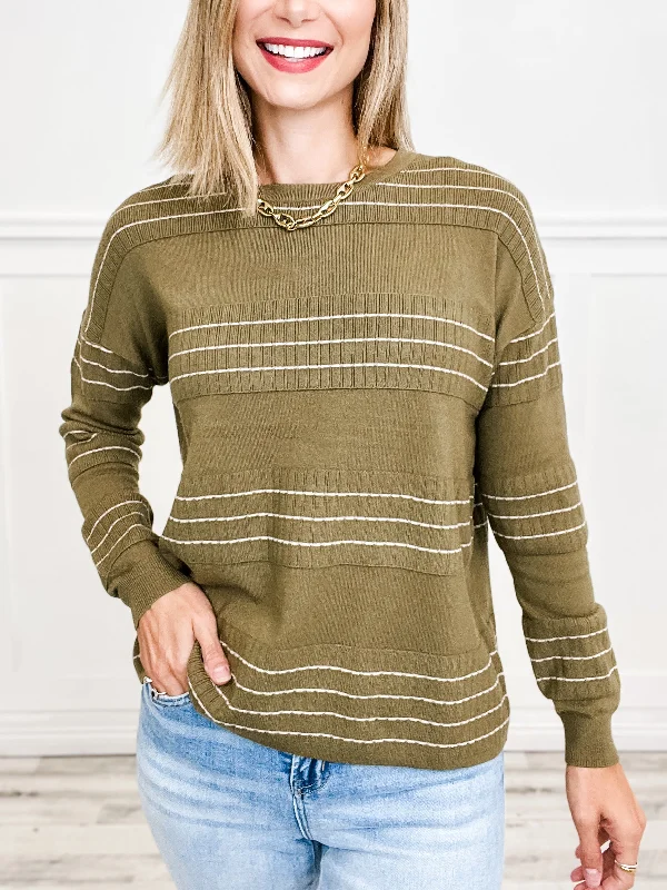 Final Clearance Stitch Striped Crewneck Pullover Sweater in Olive
