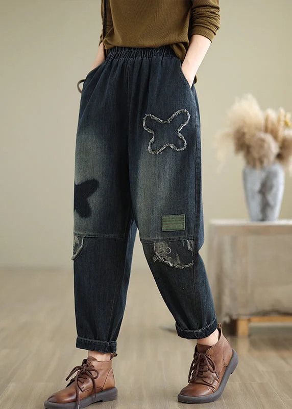 Discount Mania Plus Size Navy Pockets Elastic Waist Denim Pants Fall