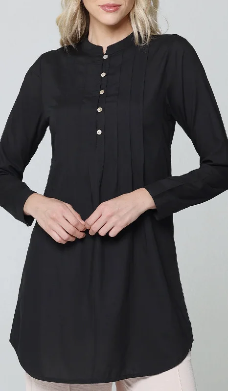 Weekend Discounts to Enjoy Hurin Pleated Mostly Cotton Button Down Tunic Dress - Black Weekend Discounts to Enjoy Hurin Pleated Mostly Cotton Button Down Tunic Dress - Black