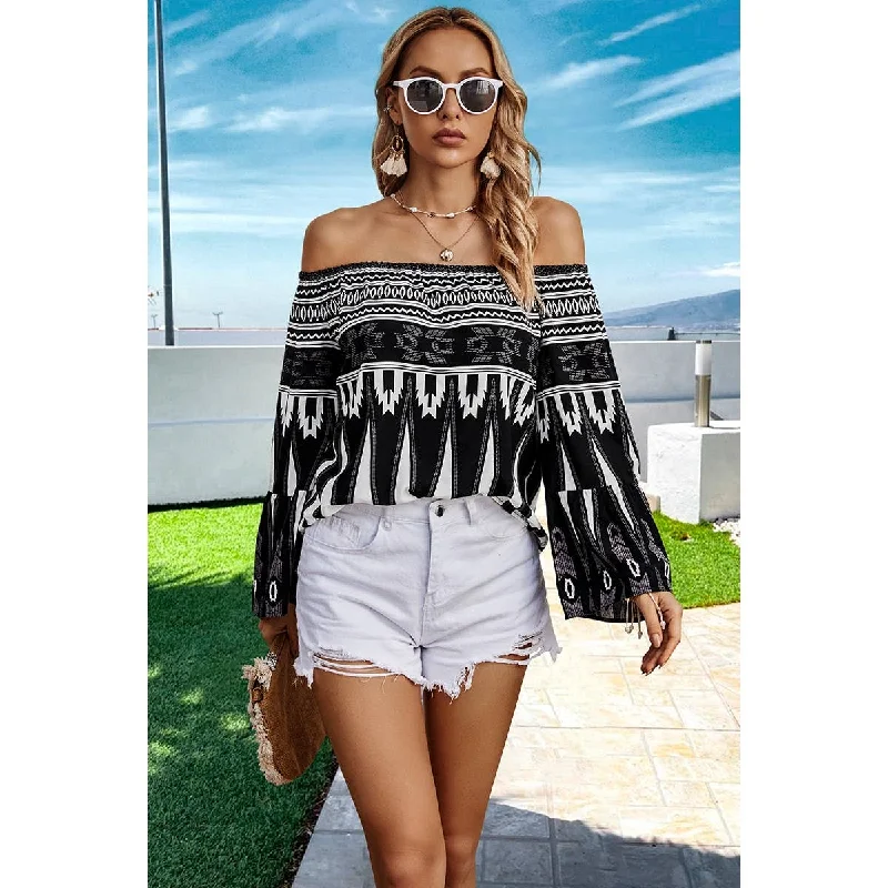 Midnight Madness Graphic Print Color Block Butterfly Sleeves Off Shoulder Top: BLACK