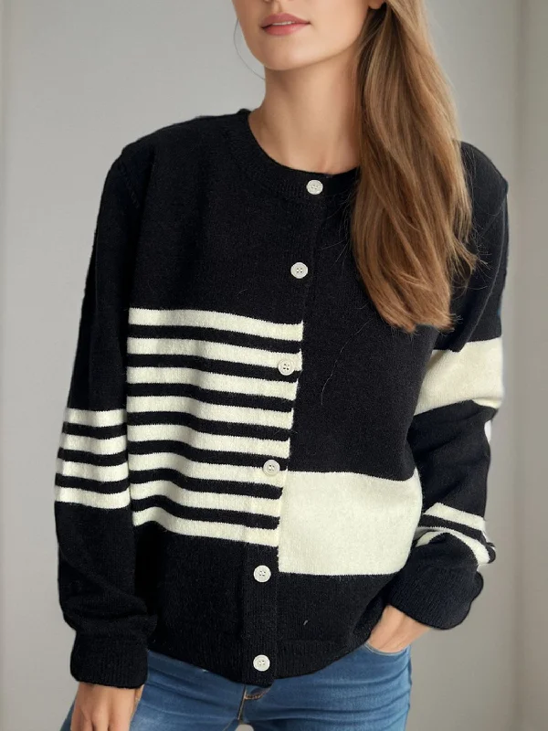 Deal Explosion Striped Color Block Round Neck Cardigan