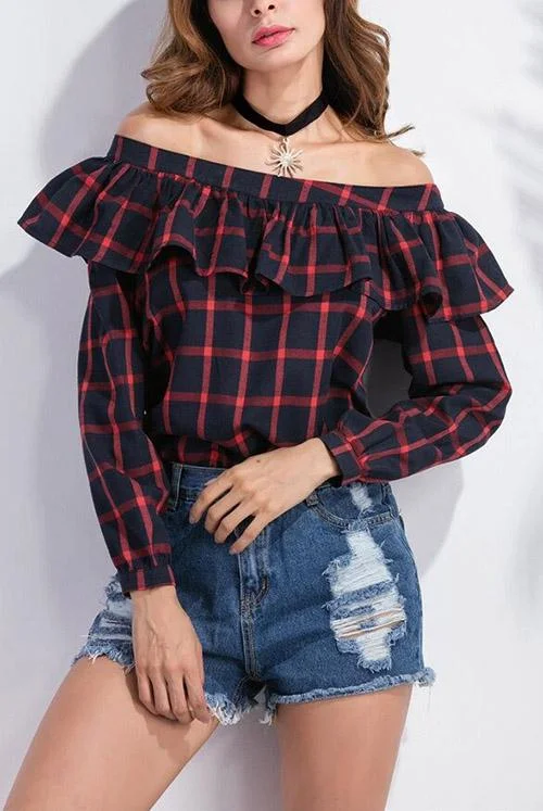 Bargain Alert Custom Off The Shoulder Grid Long Sleeve T-Shirts