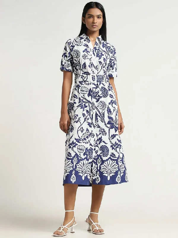 Mega Sale LOV Navy Printed Cotton Midi Dress with Belt
