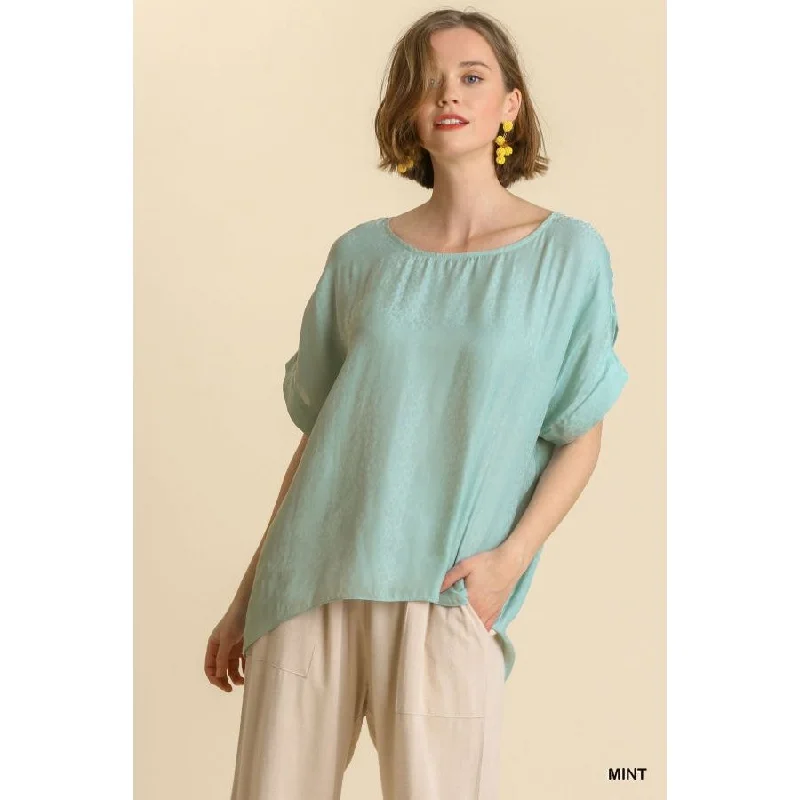 Final Clearance Animal Jacquard Print Short Dolman Sleeve Top, Mint