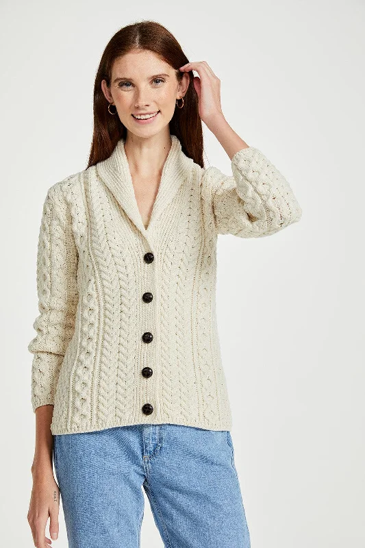 Your Weekend, Your Savings Aran - Shawl Collar Cardigan with Buttons - White