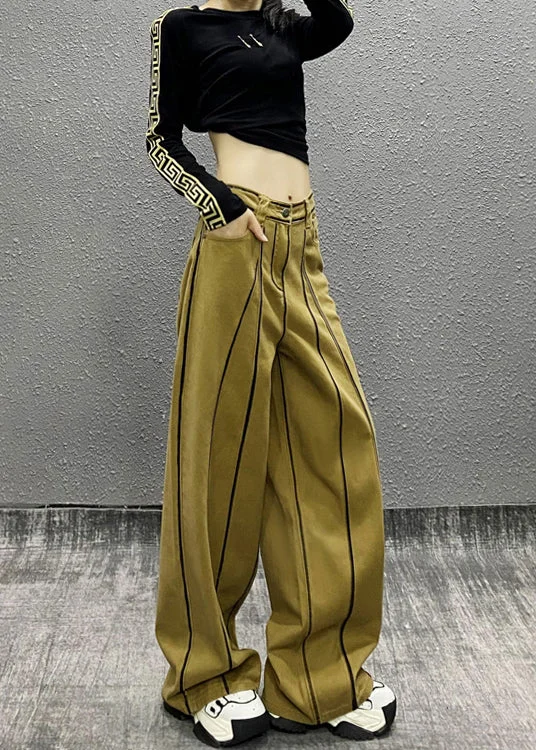 Special Discount French Khaki Pockets Patchwork Denim Wide Leg Pants Fall