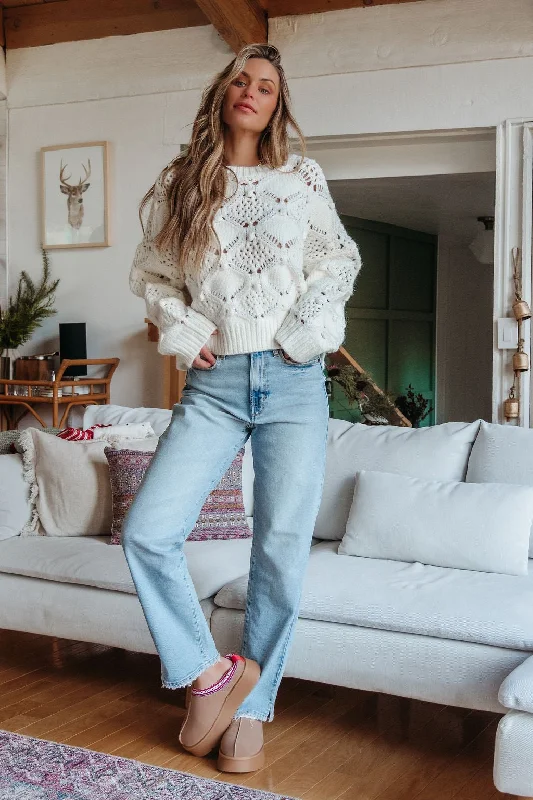 Limited Availability Cream Crochet Ribbed Pullover Sweater