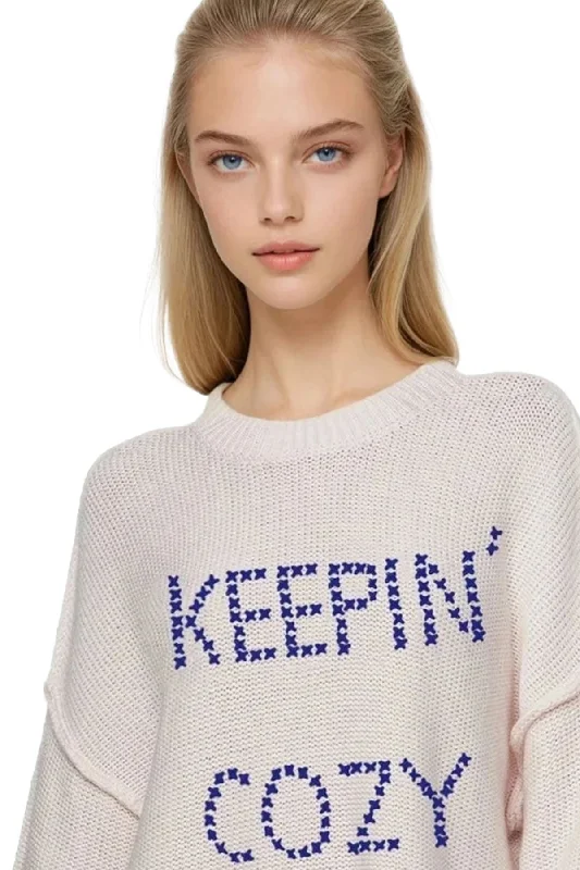 Special Promotion Chunky Cotton Blend Pullover Sweater- Cross Stitch "Keepin' Cozy" hand embroidery