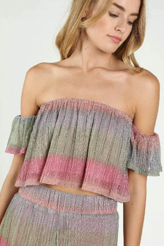 Overstock Another Round Shimmer Off The Shoulder Crop Top