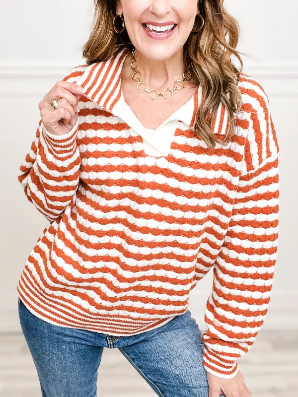 Limited Quantity TEXTURE STRIPE COLLARED SWEATER TOP