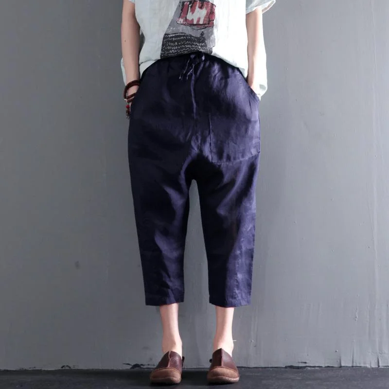 Huge Discounts Navy linen pants summer crop pants large pockets
